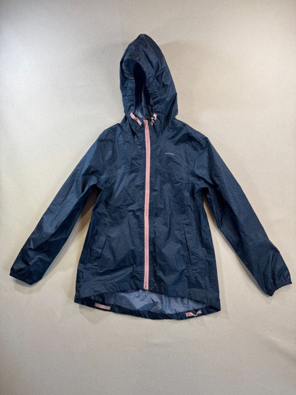 HK106 - Quechua MH100 ZIP Kids Rain Jacket 10–11 Years Navy Pink Packable Hood